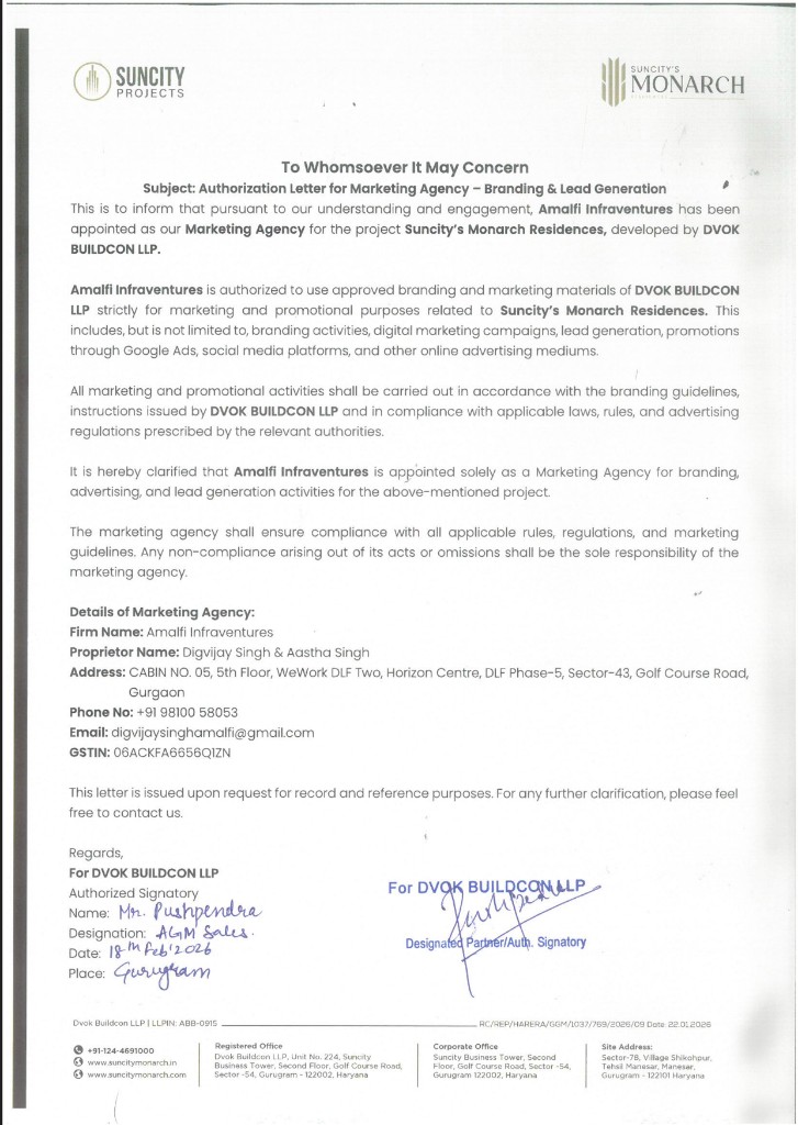 Authorization Letter - Amalfi Infraventures for Suncity Monarch